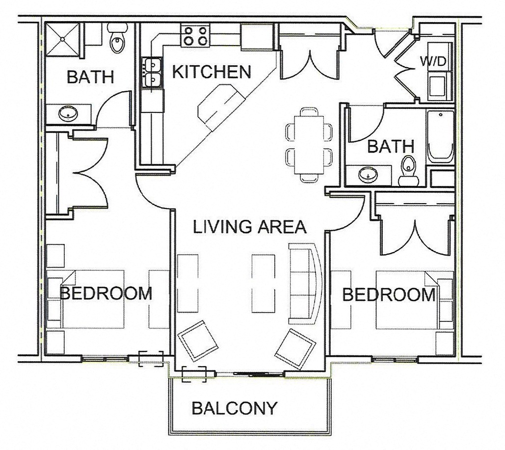 Floor plan for 2 beds, 2 baths, 1099 sqft